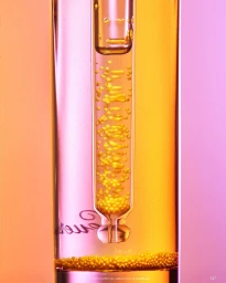 Macro view of a skincare serum dropper bottle filled with suspended yellow oil beads against a pink and orange background.