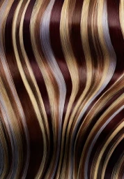 Close-up abstract shot of flowing multi-toned hair strands with blonde, brown, burgundy, and silver highlights