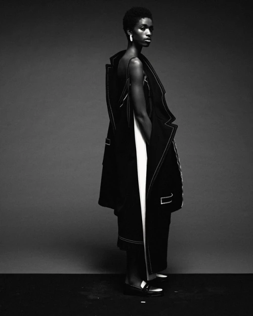 Elegant Black woman poses in a black and white fashion shot, wearing avant-garde coat and dress with white seam details on a gray background.