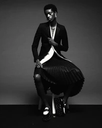 Black man seated in a black blazer and pleated skirt against a grey background photographed by Kevin Obrien