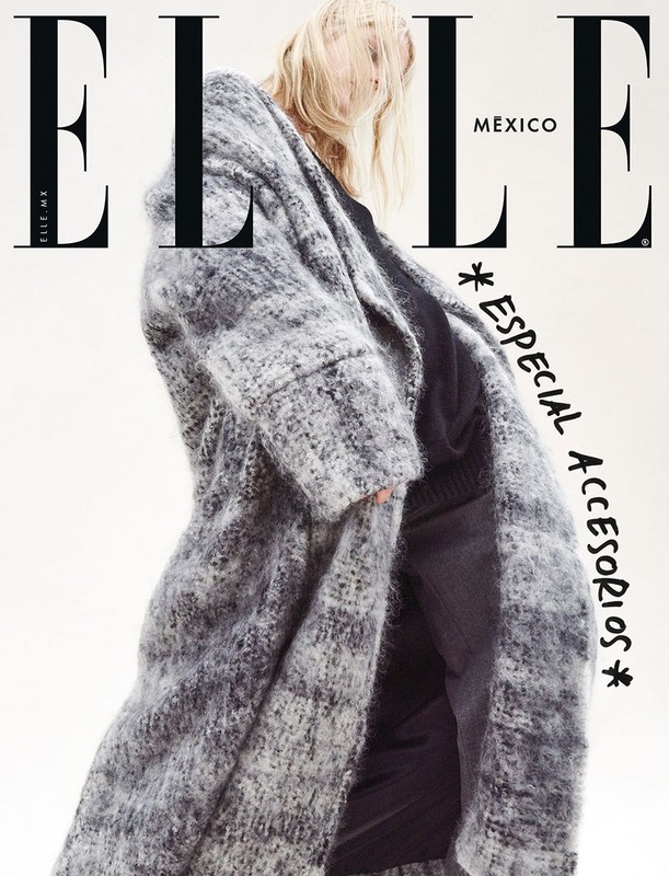 Elle Mexico magazine cover featuring a woman in a grey and white oversized coat with the magazine's logo prominently displayed.