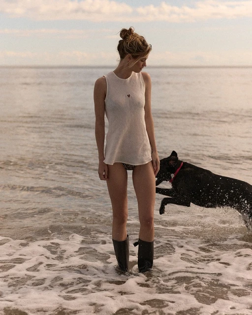 Young woman in a white tank top and black boots stands in shallow ocean water with a black dog jumping nearby against a horizon background.