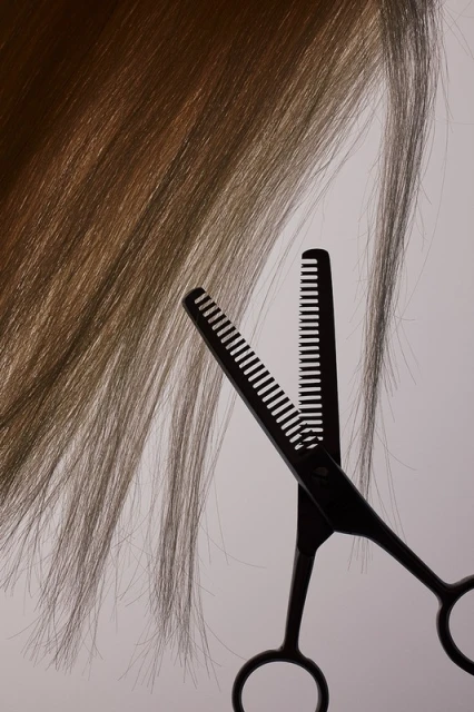 Close-up studio shot of brown hair being cut with thinning shears against a pale background, creating a beauty and haircare image.