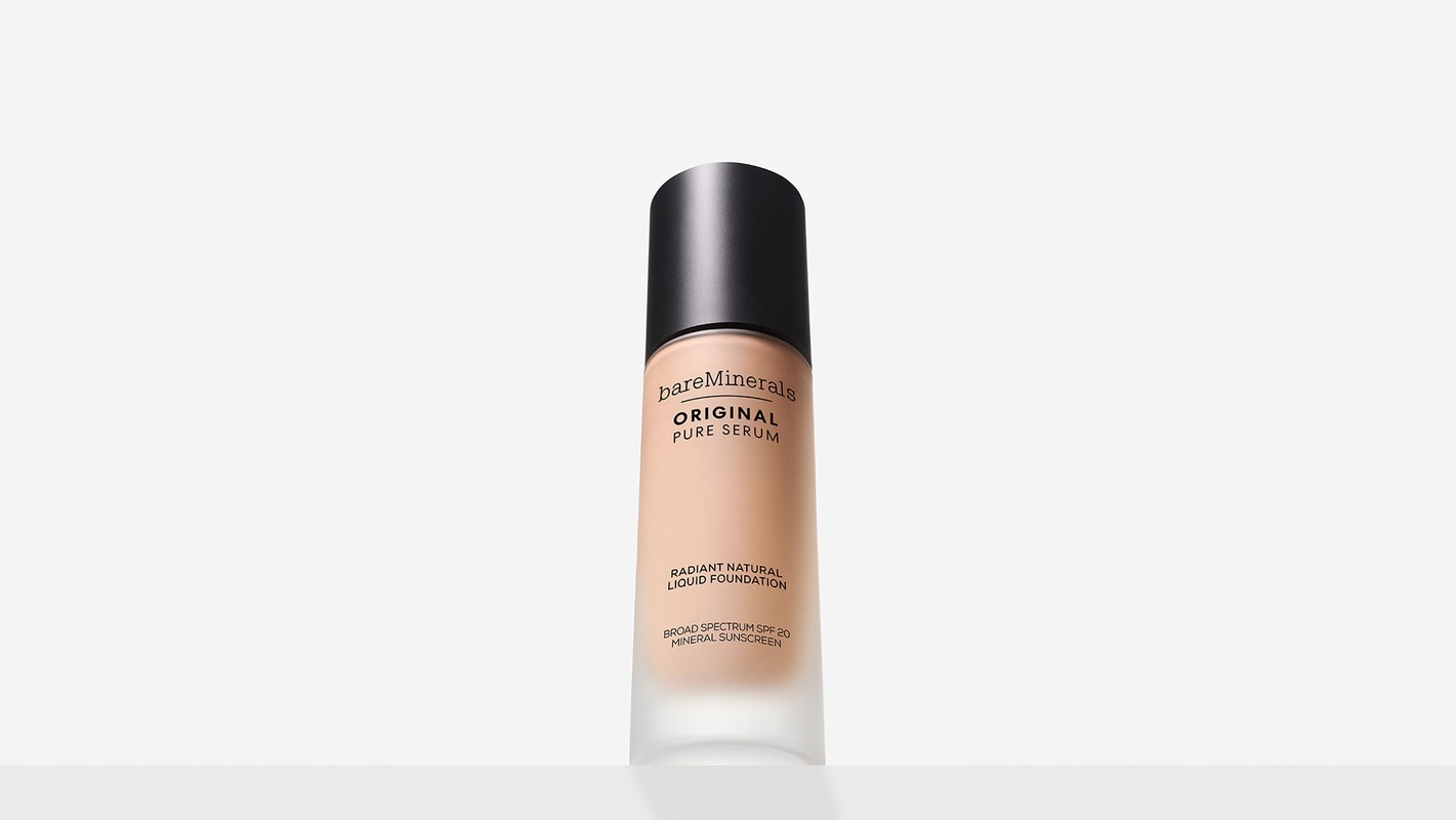 BareMinerals Original Pure Serum Liquid Foundation bottle isolated against a white background in a beauty still life product shot.