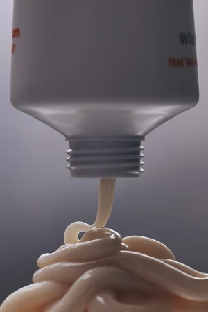 Close up of a squeeze tube dispensing cream onto a swirling textured pile against a neutral gradient background