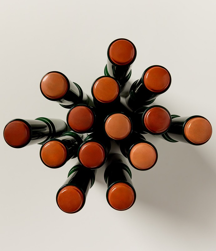 Overhead view of multiple lipsticks arranged in a starburst pattern on a white surface, featuring a variety of neutral and brown shades.