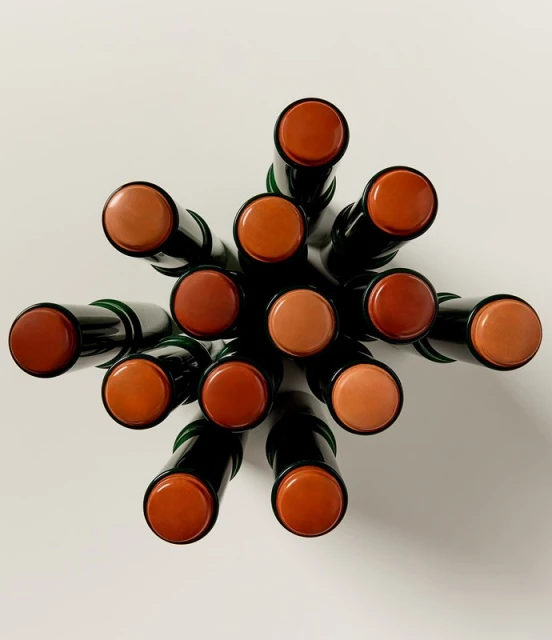 Overhead view of multiple lipsticks arranged in a starburst pattern on a white surface, featuring a variety of neutral and brown shades.
