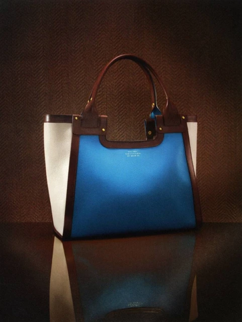 Studio shot of a blue, white, and brown tote bag with leather handles and trim, presented on a glossy dark surface.