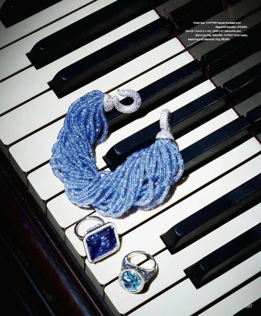 Close-up of fine jewelry on piano keys: a blue beaded bracelet, a sapphire ring, and a blue topaz ring on the black and white keys.