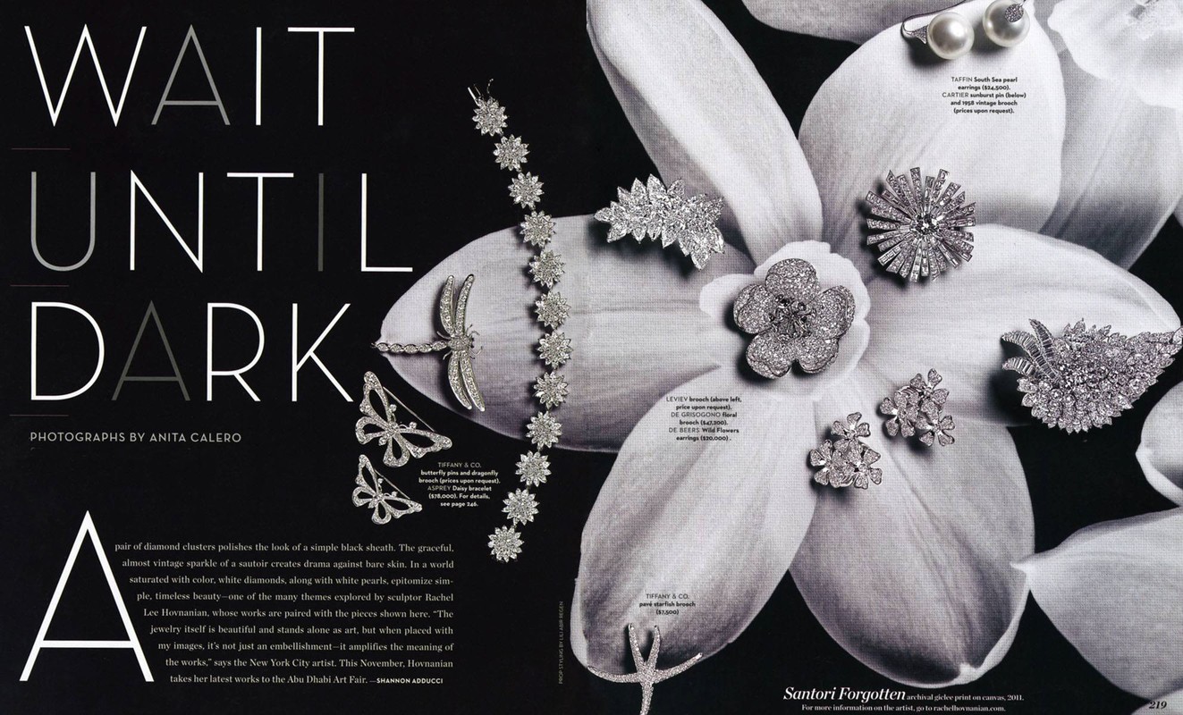 Elegant still life showcases sparkling diamond jewelry pieces arranged on a black background and within a blossoming white flower for a luxurious aesthetic.