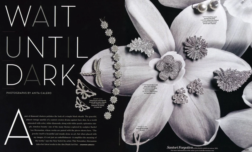 Elegant still life showcases sparkling diamond jewelry pieces arranged on a black background and within a blossoming white flower for a luxurious aesthetic.