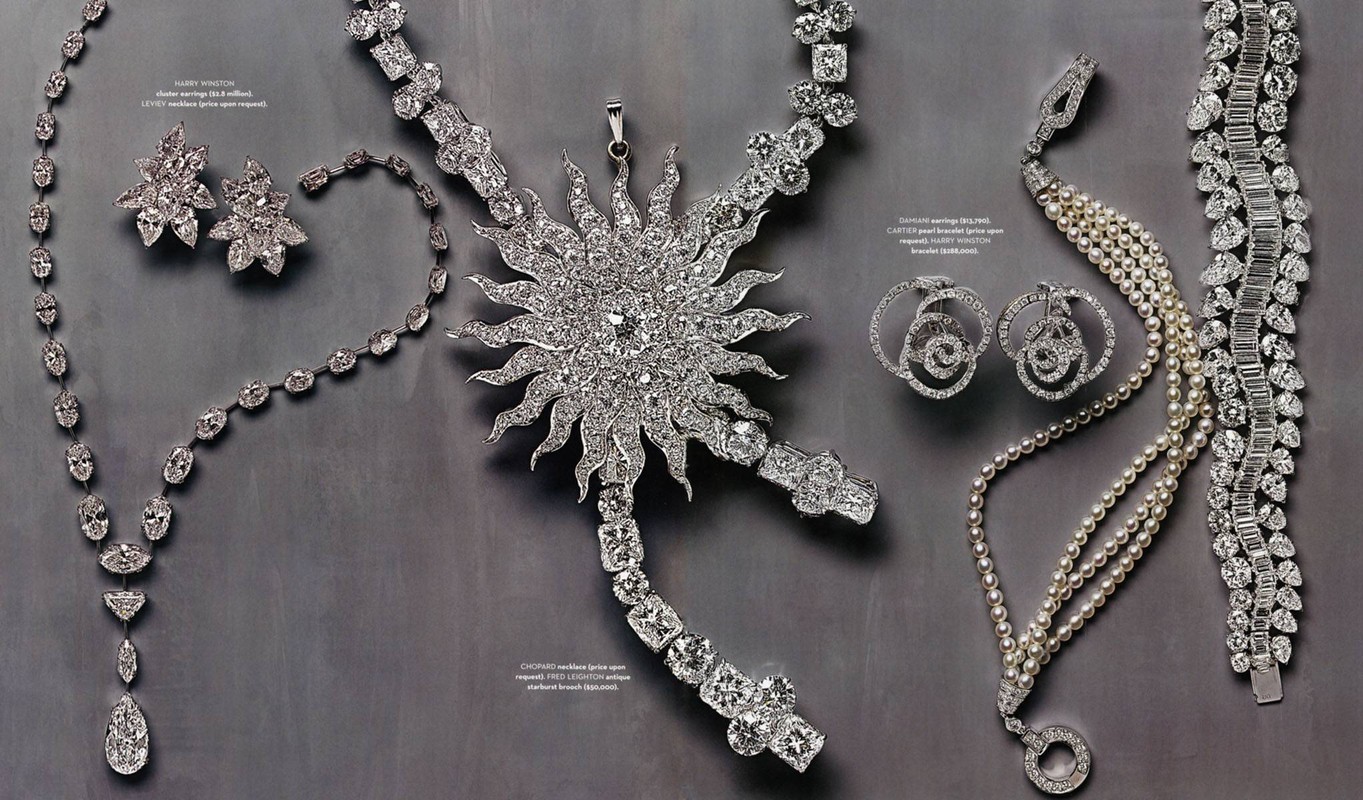 Elegant diamond jewelry collection featuring necklaces, earrings, and bracelets with intricate designs, set against a neutral background.