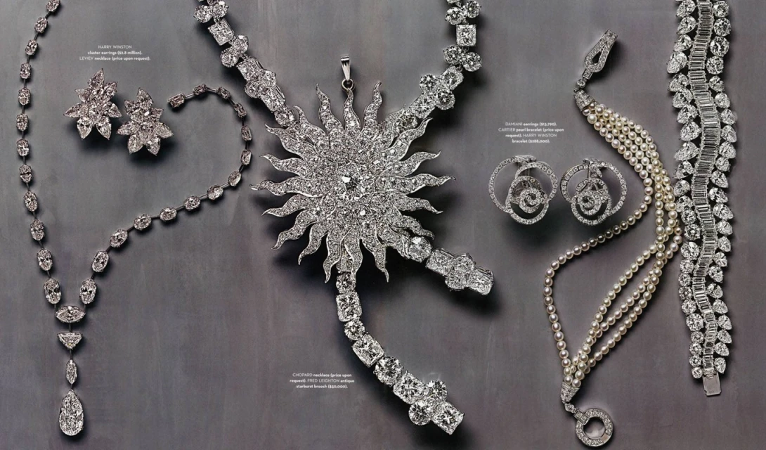 Elegant diamond jewelry collection featuring necklaces, earrings, and bracelets with intricate designs, set against a neutral background.