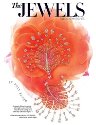 Close-up of sparkling gem-encrusted feather brooch resting on a vibrant orange rose petal with overlaid magazine text.