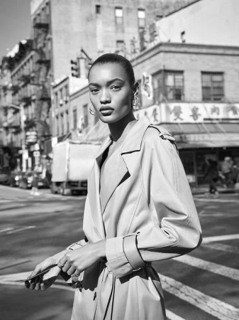 Model in trench coat on city street styled by Lindsay Grosswendt in Los Angeles