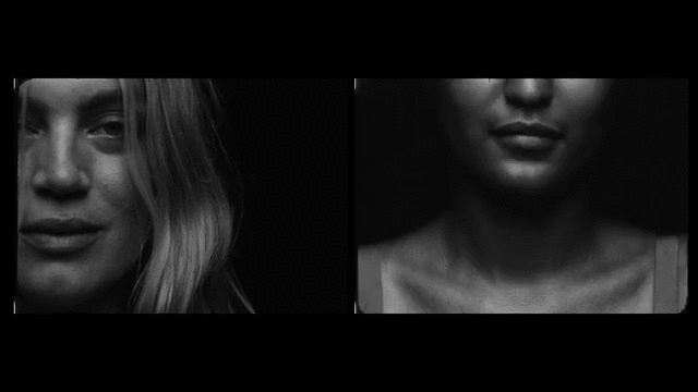 Monochrome diptych showing close-up portraits of two women styled by Lindsay Grosswendt against a dark background