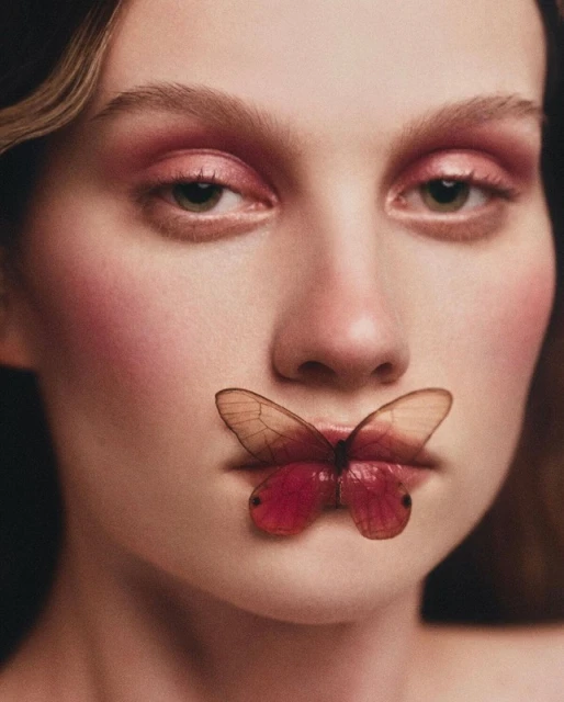 Close-up of a woman's face with pink makeup and a butterfly on her lips against a dark background in a beauty or fashion context.