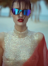 Model wearing iridescent mirrored sunglasses and sequin top with red lipstick and wet hair against a soft beach background.