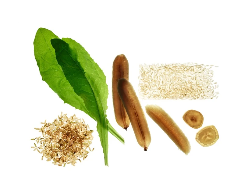 Overhead studio shot of raw ingredients on a white background: green leaves, rice grains, and peeled bananas creating a food still life.