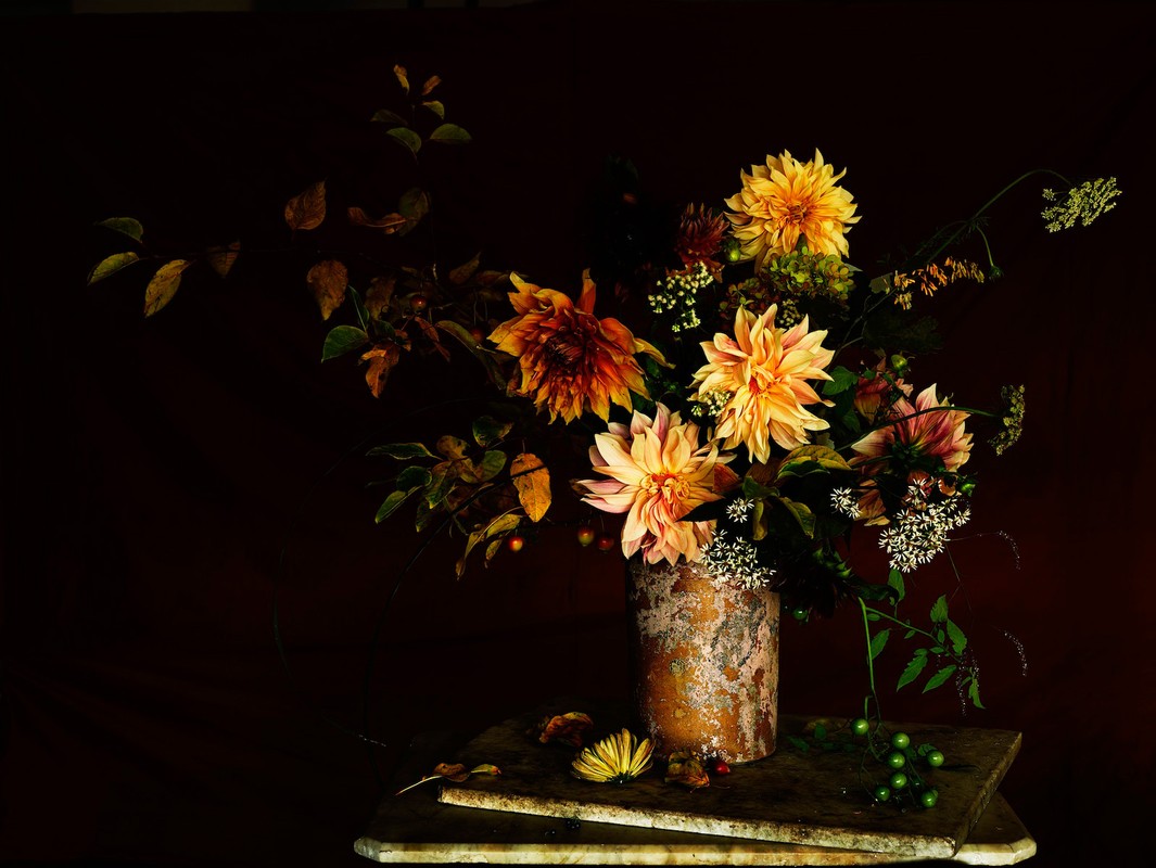 Floral still life featuring a vase of dahlia flowers and greenery on a dark wooden surface against a deep, rich background.