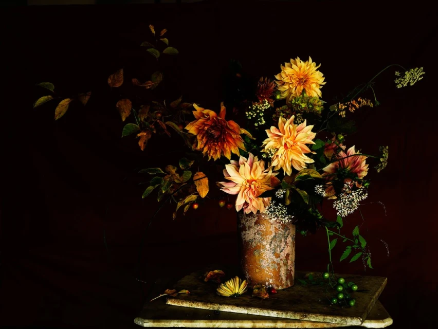 Floral still life featuring a vase of dahlia flowers and greenery on a dark wooden surface against a deep, rich background.