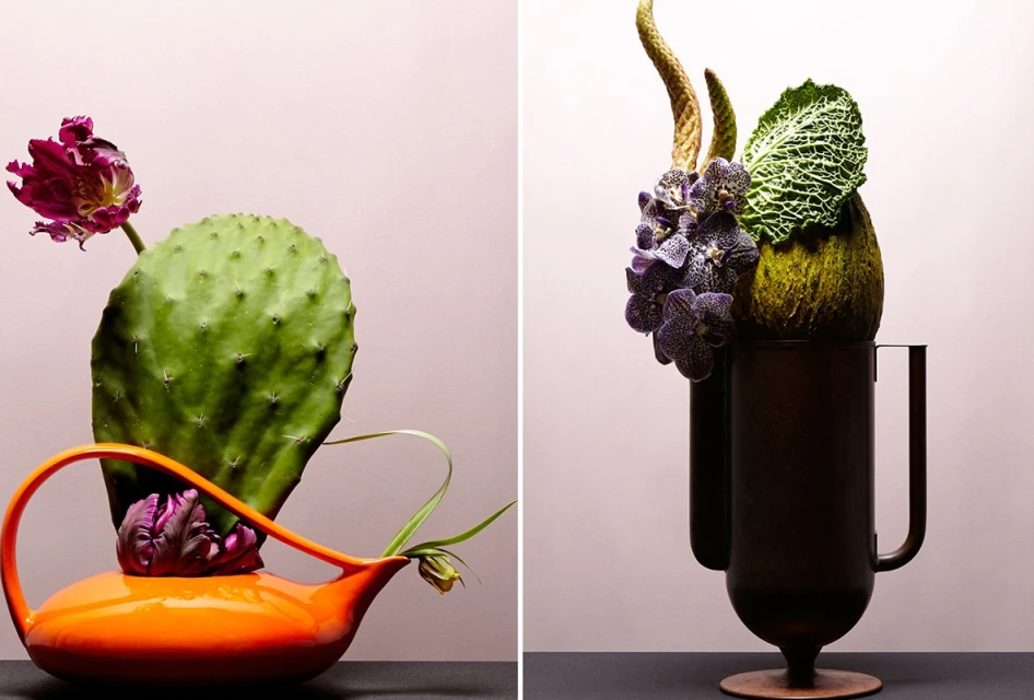 Two still life compositions feature flowers, cactus, and vegetables arranged in vases. Soft pink background and dark surfaces.