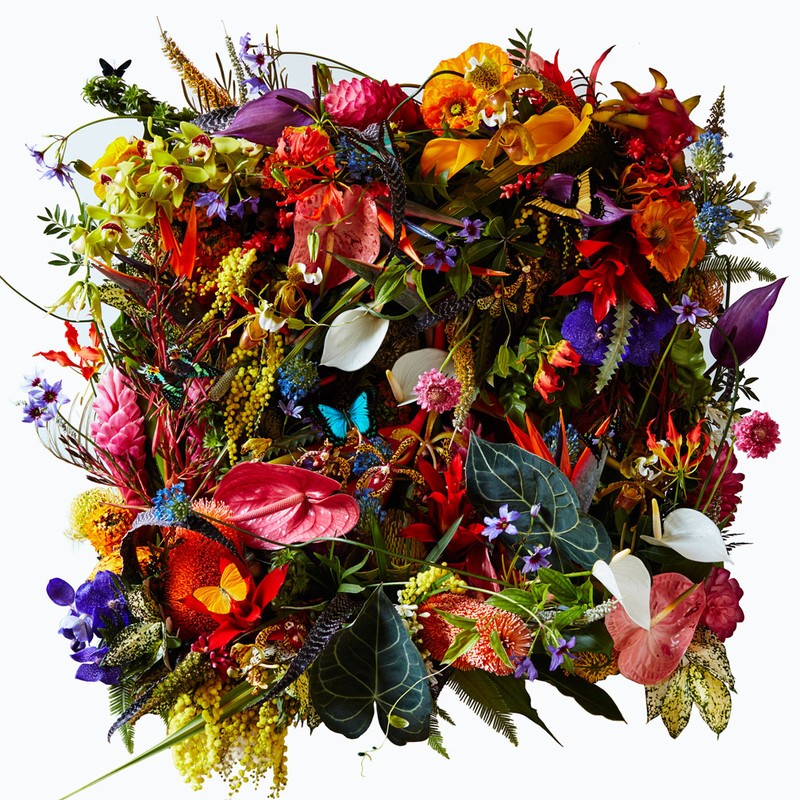 Vibrant square floral arrangement featuring a diverse mix of tropical flowers, leaves, and greenery on a clean, minimalist white background.