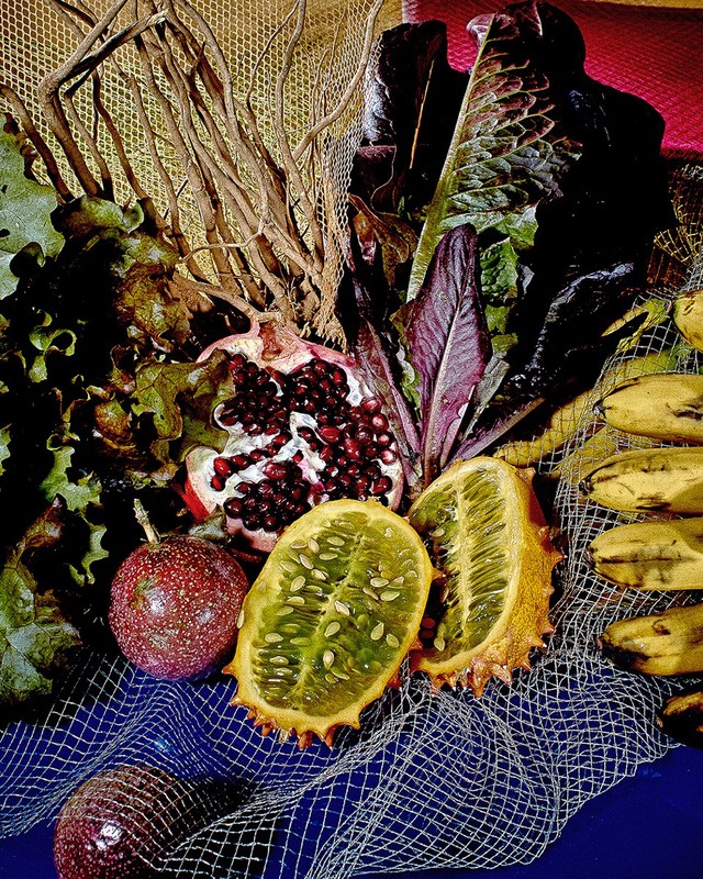 Still life shot with tropical fruits including horned melon, bananas, and passion fruit, plus pomegranate, lettuce, and branches on a blue background.