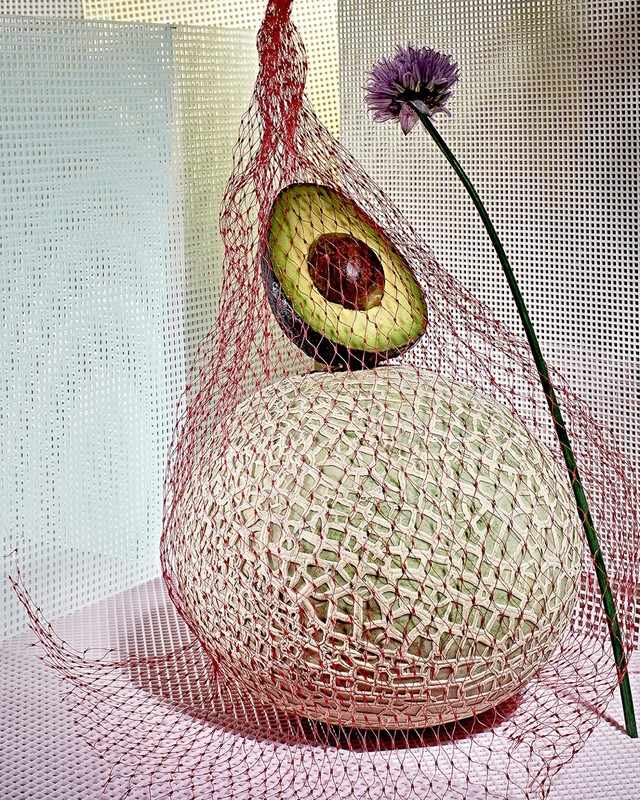 Still life photography of an avocado half perched atop a cantaloupe in a red net, complemented by a single purple chive blossom.