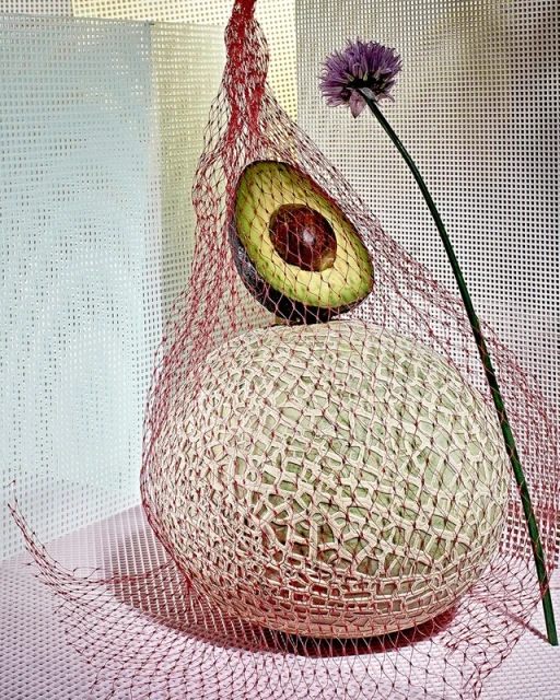 Still life photography of an avocado half perched atop a cantaloupe in a red net, complemented by a single purple chive blossom.