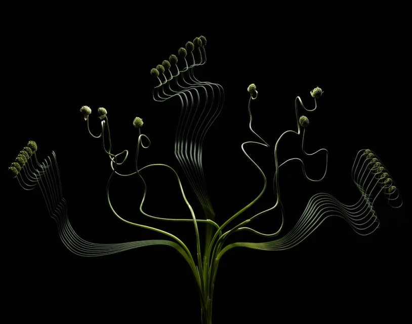 Botanical art photography featuring abstract green allium flower arrangement against a stark black background, showcasing nature's design.