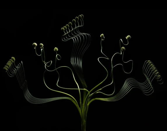 Botanical art photography featuring abstract green allium flower arrangement against a stark black background, showcasing nature's design.
