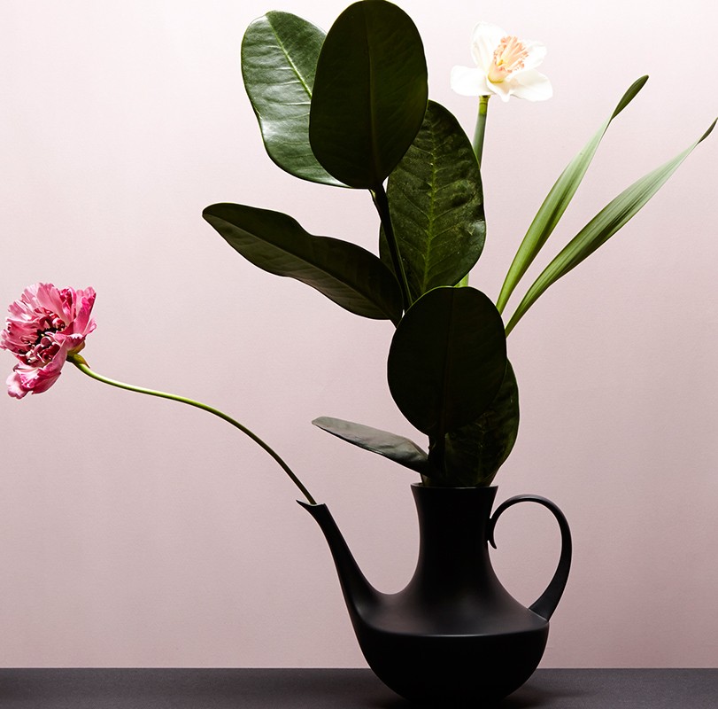 Floral arrangement with pink ranunculus, white orchid, and green leaves in a black teapot against a light pink background.