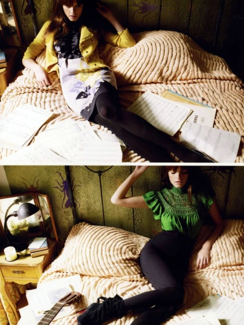 Two images featuring a woman with bangs in different outfits posing on a bed with sheet music and an unmade bed in an indoor setting.