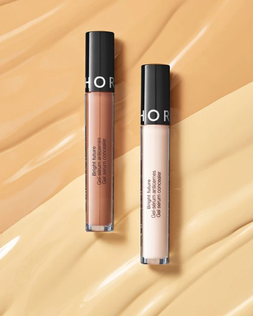 Two tubes of Sephora Bright Future gel serum concealer in different shades are displayed on a background of light beige cosmetic smears.