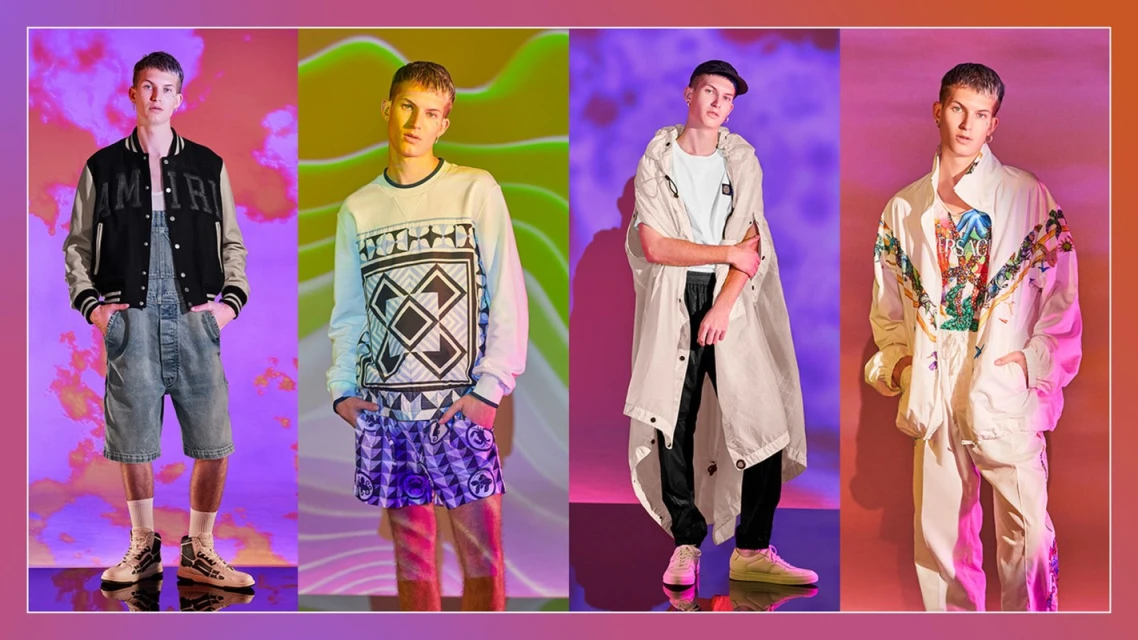 Four young adult men pose in colorful fashion outfits against vibrant studio backdrops, showcasing unique textures and trendy clothing.