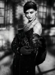Monochrome fashion portrait of a woman in a dark textured slip dress and fur jacket outdoors against a brick wall.
