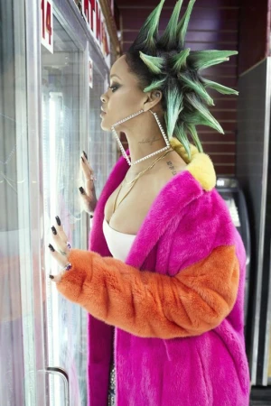 Woman with green mohawk and colorful fur coat looks at display case indoors, wearing large square earrings and multiple rings.