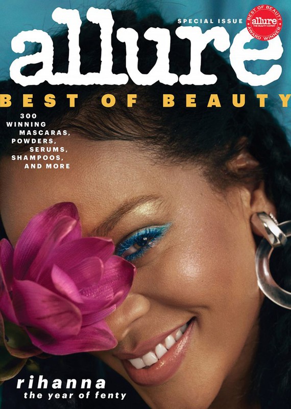 Magazine cover featuring Rihanna with a large pink flower covering one eye, promoting Allure's Best of Beauty issue and Fenty.