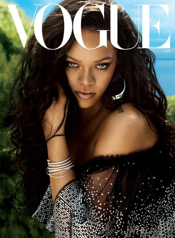 Vogue cover featuring a close-up shot of a woman with long, wavy hair wearing an off-the-shoulder sequin top against a natural background.