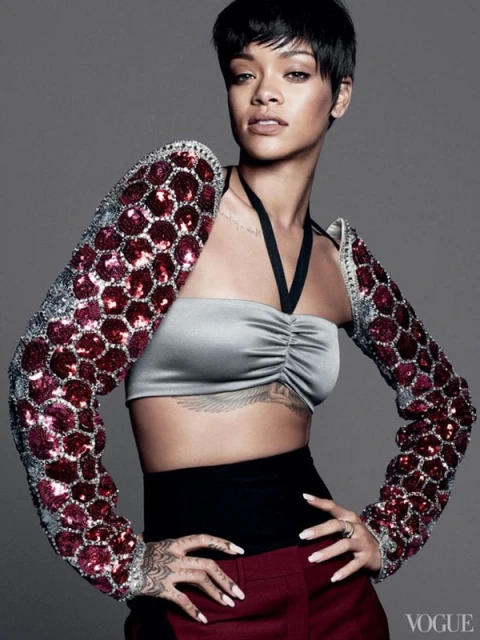 Glamorous portrait of Rihanna posing in a silver crop top and embellished sleeves, against a neutral gray studio backdrop, looking confident.