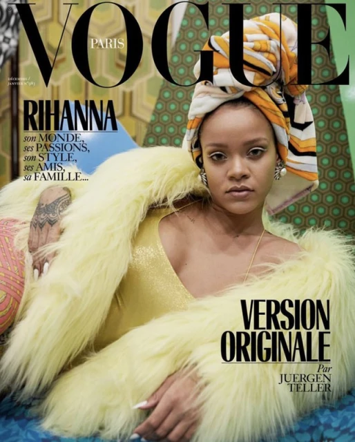 Vogue Paris magazine cover featuring Rihanna with head wrap and fur coat, in a portrait shot against a patterned background.