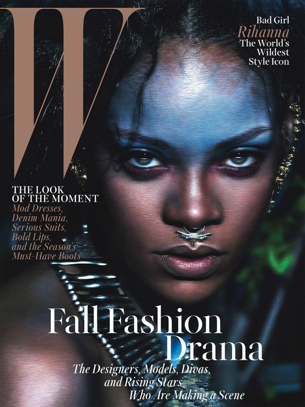 Magazine cover featuring Rihanna with dramatic makeup, showcasing fall fashion, with bold typography and close-up portrait style.