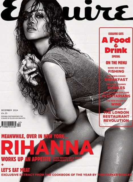 Esquire magazine cover featuring Rihanna in gray top and white underwear. Black and white photography, with red and white magazine text.