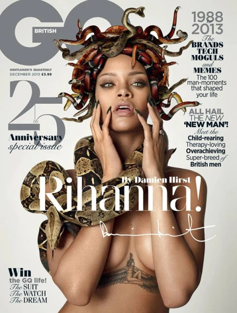 British GQ cover featuring Rihanna with snake headdress and snake around her shoulders, close-up shot, high-fashion editorial style.