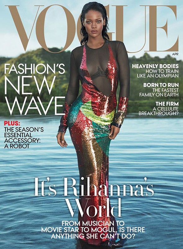Vogue magazine cover featuring Rihanna in a sequined gown, standing in water with a blurred background of trees and natural light.