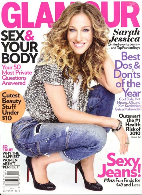 Magazine cover featuring Sarah Jessica Parker. She is crouched, wearing a sequin jacket, jeans, and black heels. The background features magazine text.
