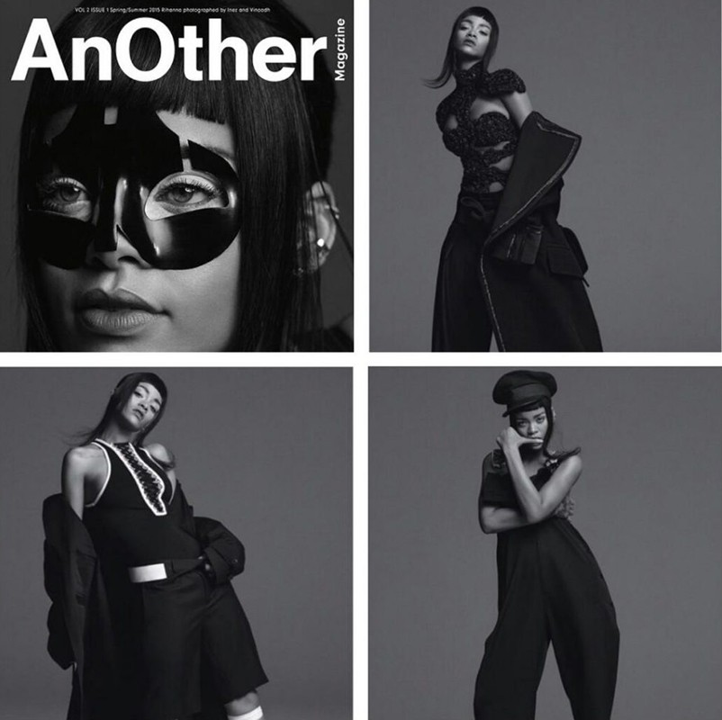Magazine cover featuring a model in dramatic makeup and black clothing against a grey backdrop, promoting 'AnOther Magazine'.