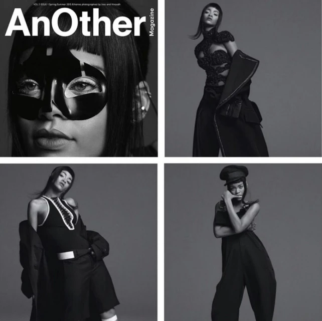 Magazine cover featuring a model in dramatic makeup and black clothing against a grey backdrop, promoting 'AnOther Magazine'.