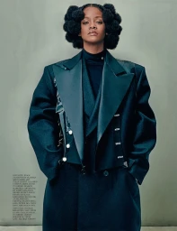 Portrait of Rihanna with sculptural braided hair wearing a dark oversized blazer and coat against a muted grey background.
